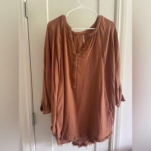 Free People Brown 3/4 Sleeve Tunic with Mandarin Collar